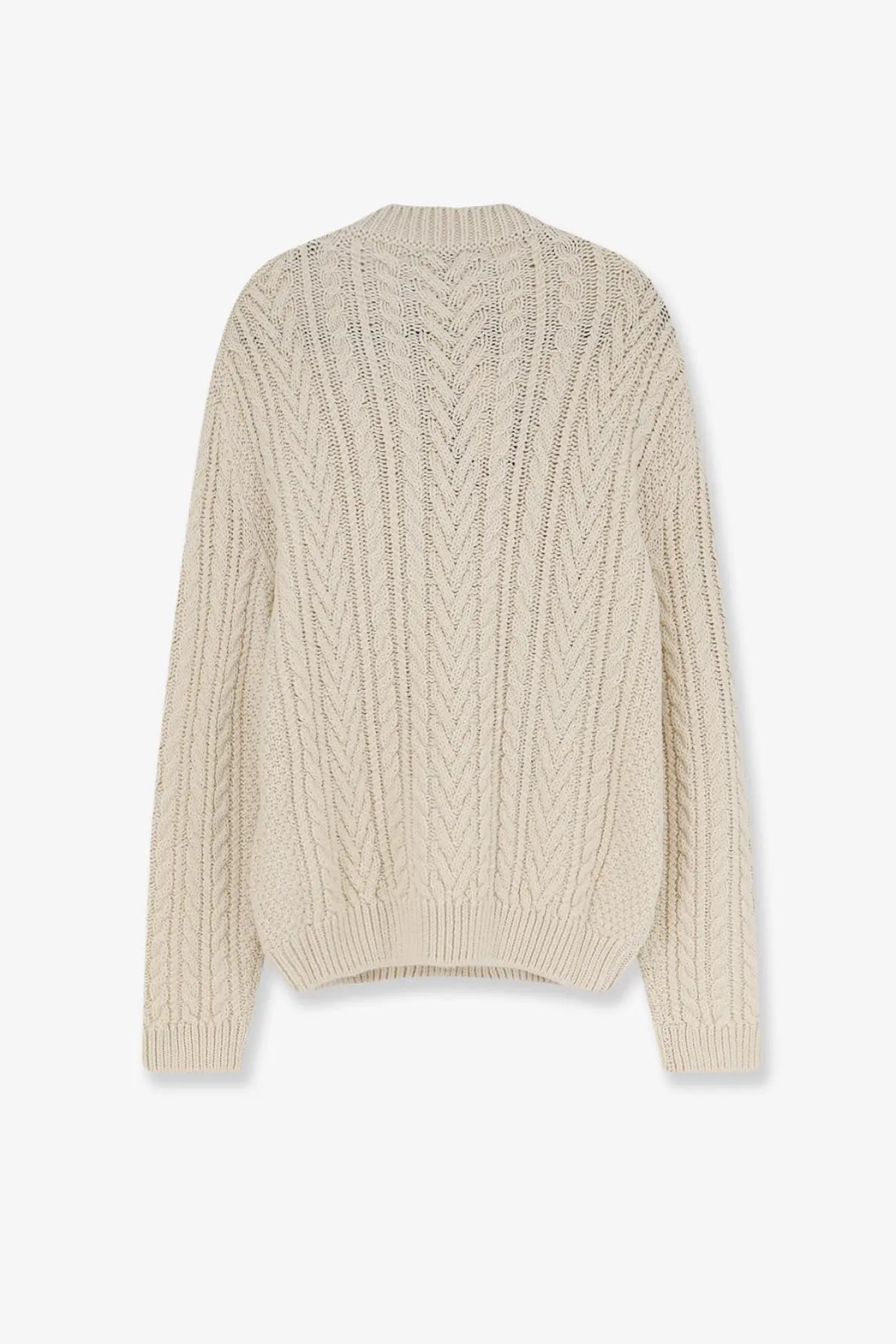 Loro piana men’s schooner sweater in cream chunky knit with cable pattern ribbed cuffs cashmere and abaca blend beige