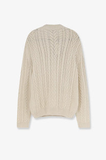 Loro piana men’s schooner sweater in cream chunky knit with cable pattern ribbed cuffs cashmere and abaca blend beige