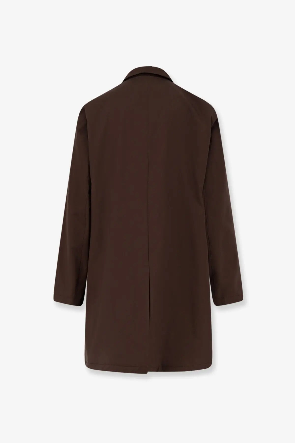 A sleek dark brown Loro Piana men’s Sebring waterproof trench coat with classic collar and straight-cut silhouette