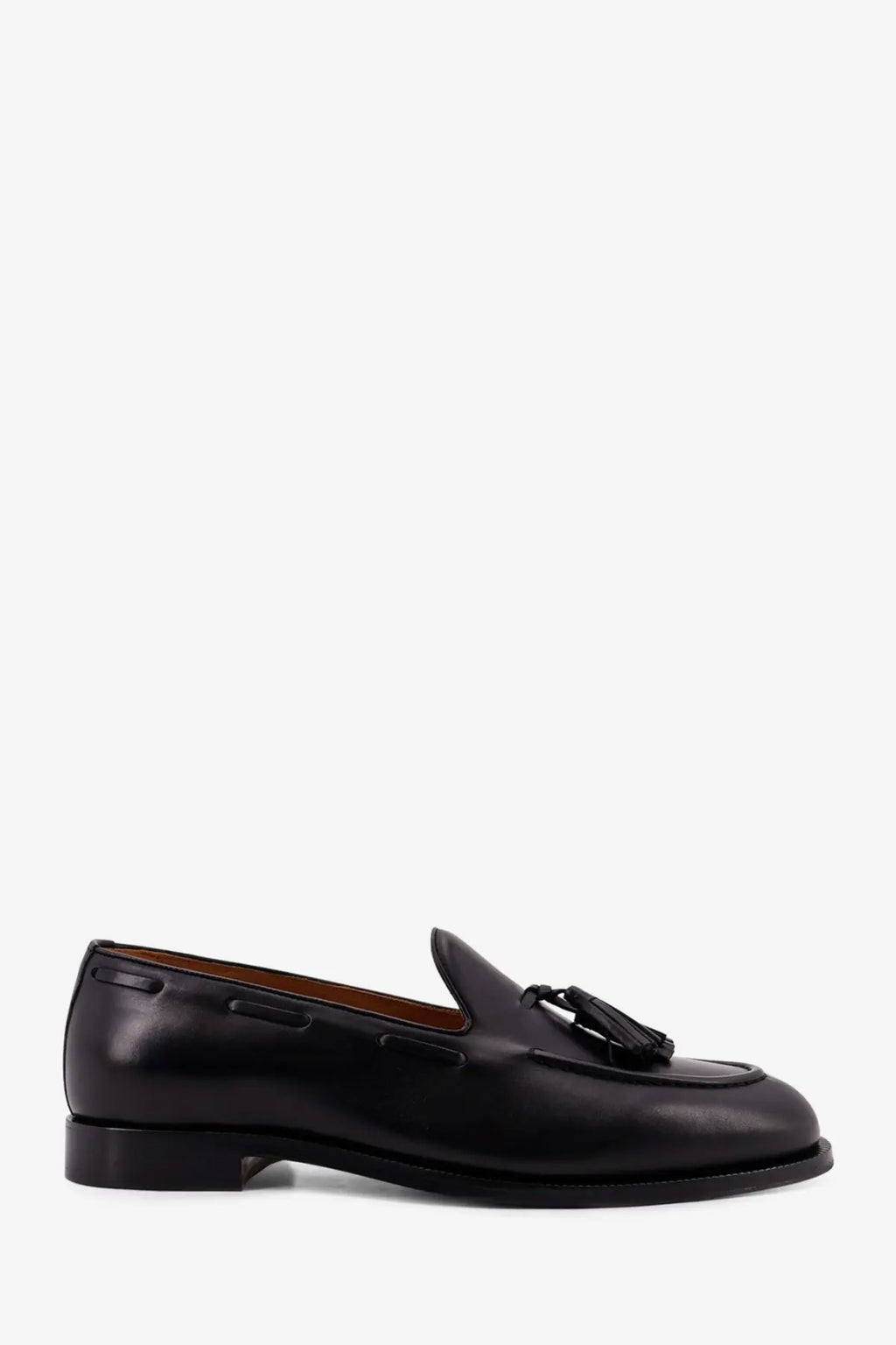 Loro Piana men’s serge tassel leather loafers in black with polished finish and brown interior lining