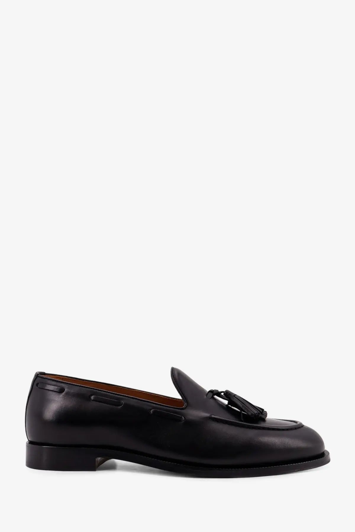 Loro Piana men’s serge tassel leather loafers in black with polished finish and brown interior lining