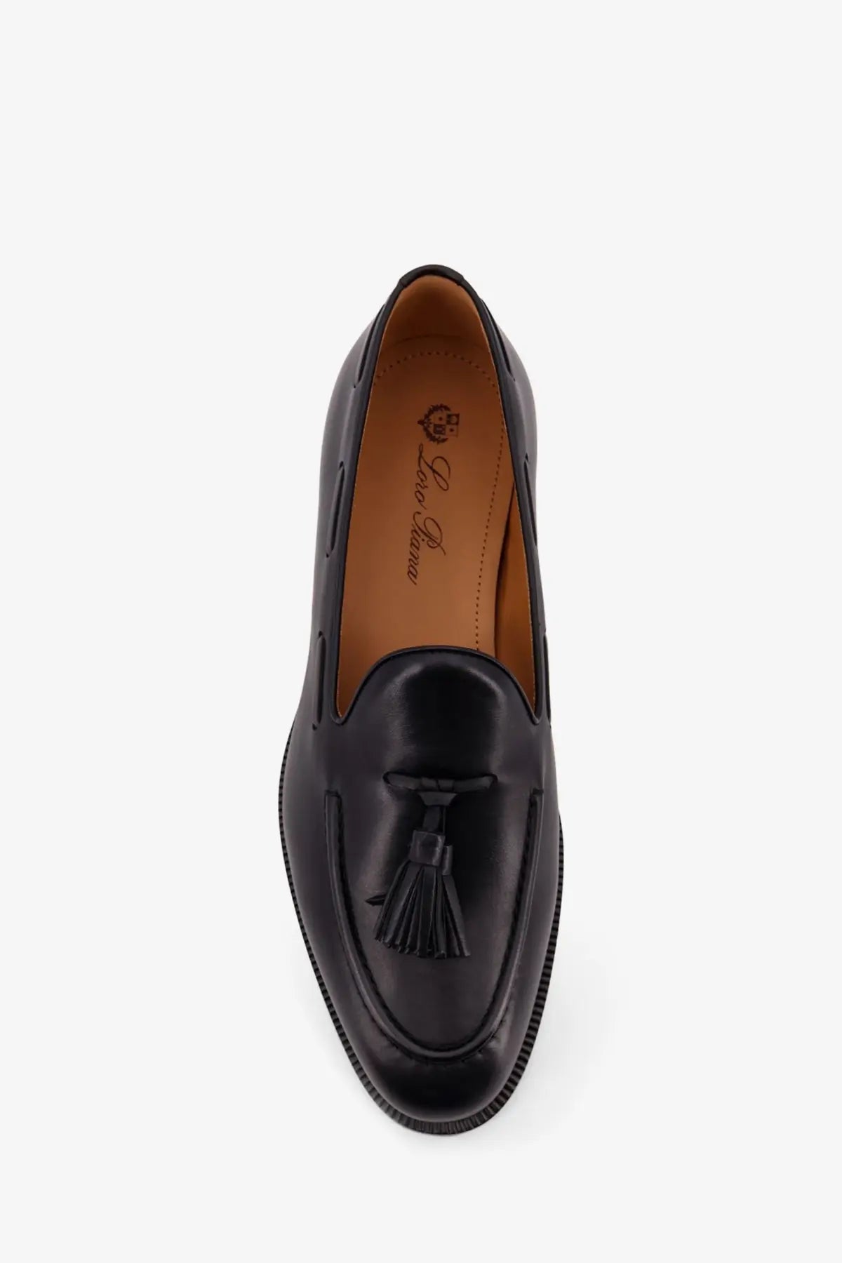 Loro Piana men’s serge tassel leather loafers in black with polished finish and tan leather lining