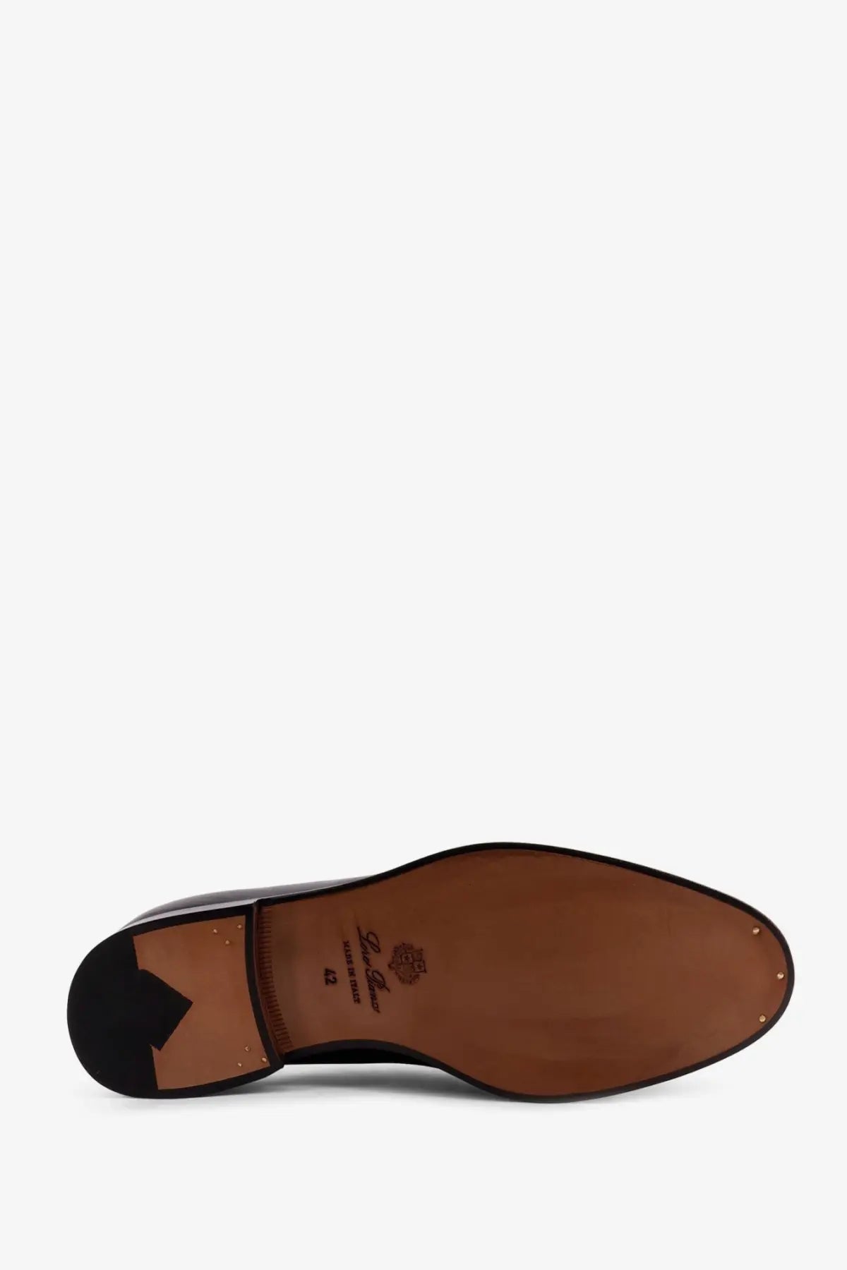 Back view of loro piana men’s serge tassel leather loafers in black with tan rubber sole and stitched branding on heel