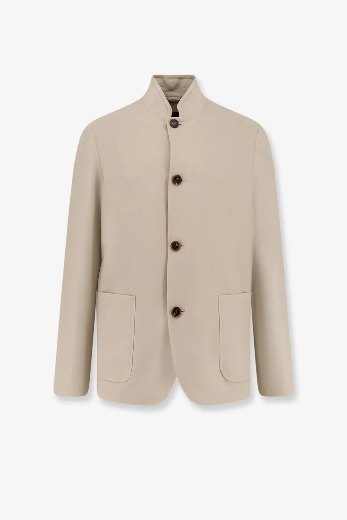 Beige wool blend blazer with mandarin collar and dark brown buttons from Loro Piana men’s Spagna linen blazer orange collection