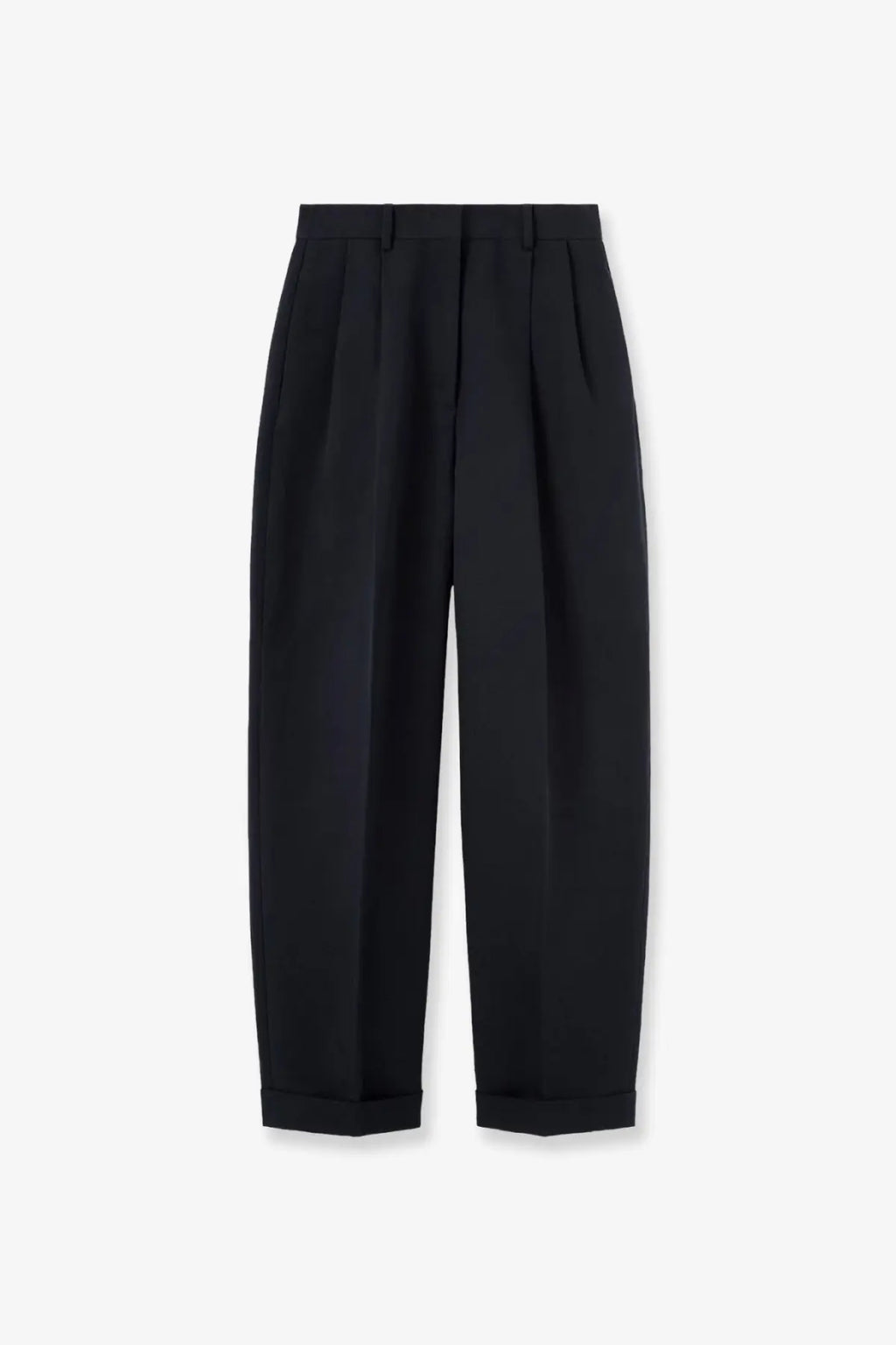 Black pleated tailored trousers with rolled cuffs shown from the back featuring a linen and cotton blend