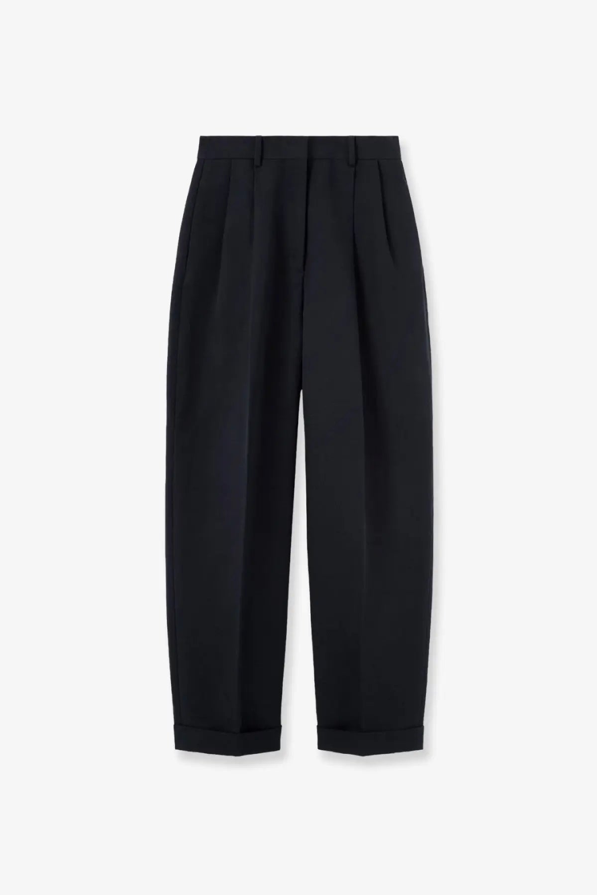 Black pleated tailored trousers with rolled cuffs shown from the back featuring a linen and cotton blend