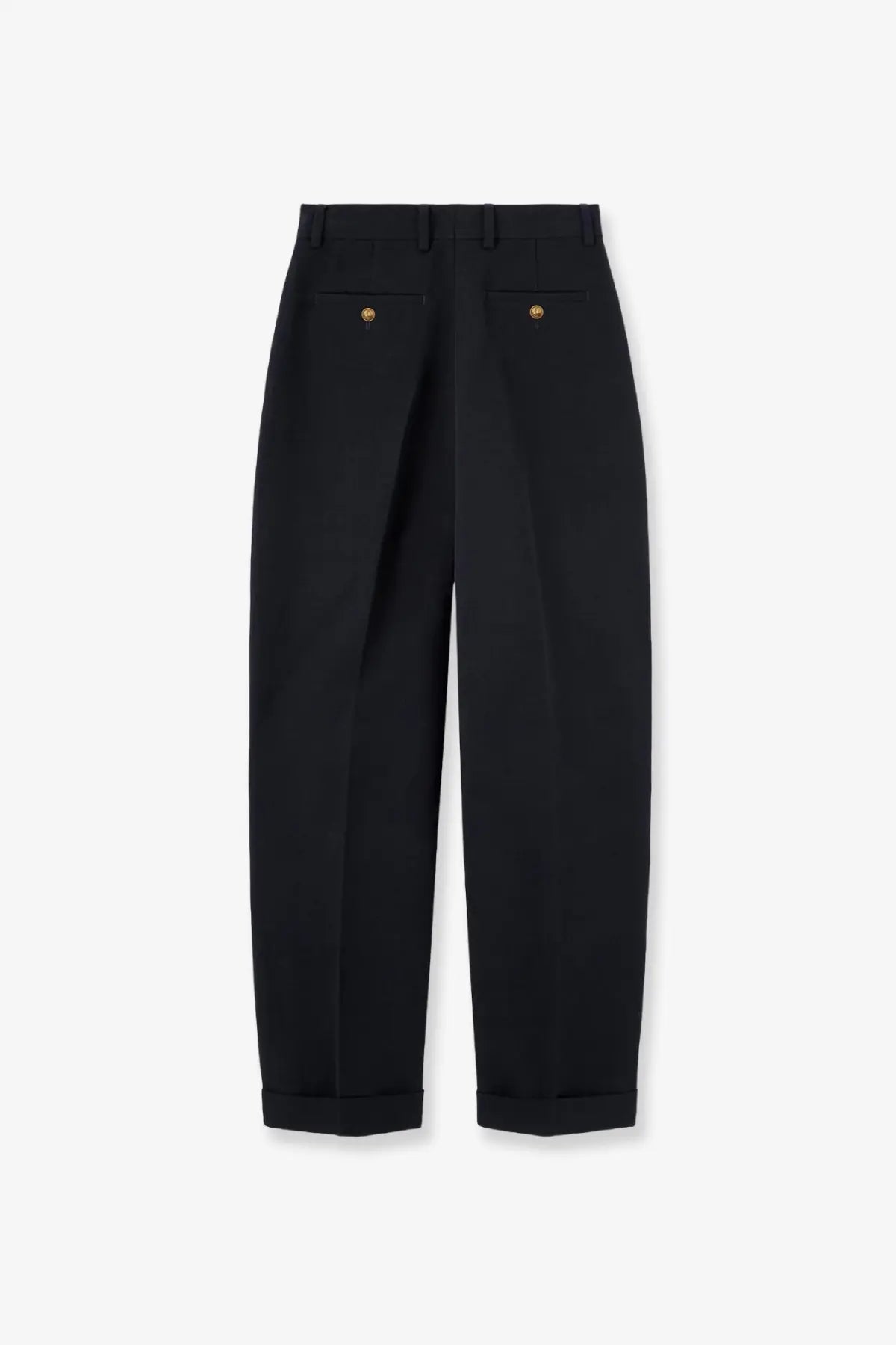 Black tailored trousers with gold toned button details on back pockets made from linen and cotton by loro piana