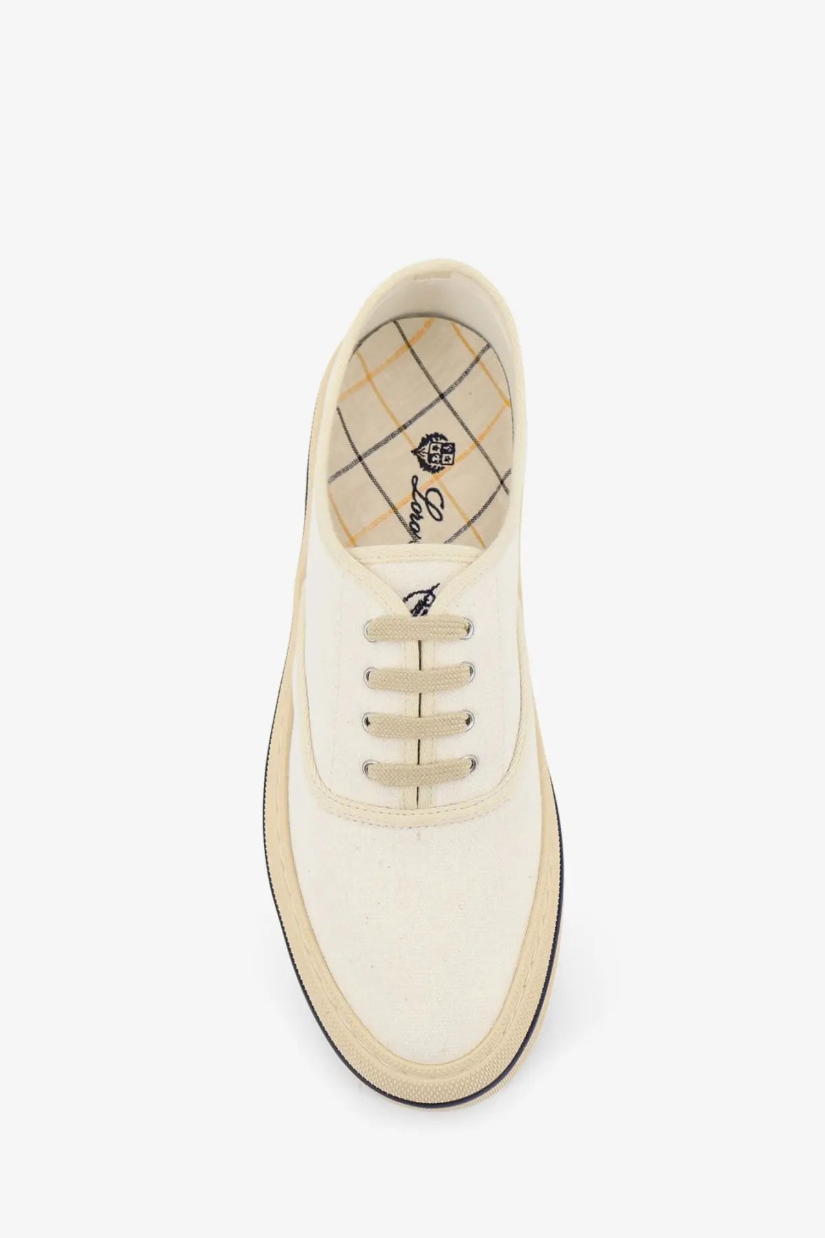 Loro piana women’s canvas sneakers in cream canvas with beige laces and black rubber sole for casual wear