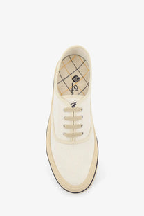 Loro piana women’s canvas sneakers in cream canvas with beige laces and black rubber sole for casual wear