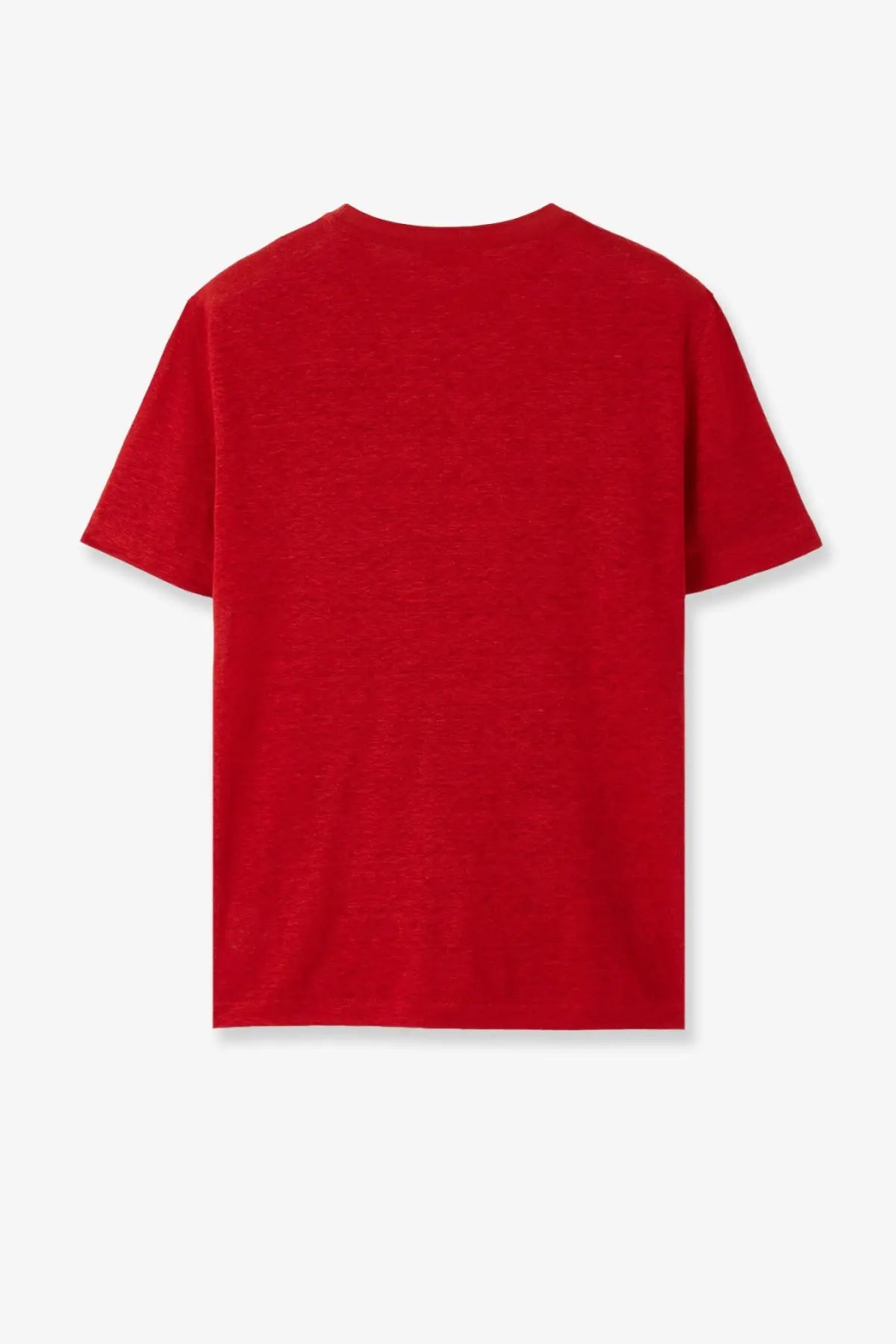 Red short-sleeved t-shirt with soft slightly textured fabric shown from the back in a loro piana women’s gargano linen shirt beige product image