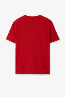 Red short-sleeved t-shirt with soft slightly textured fabric shown with loro piana women’s gargano linen shirt beige