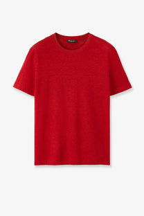 A vibrant red short-sleeved crew neck t-shirt made of soft textured fabric for casual wear