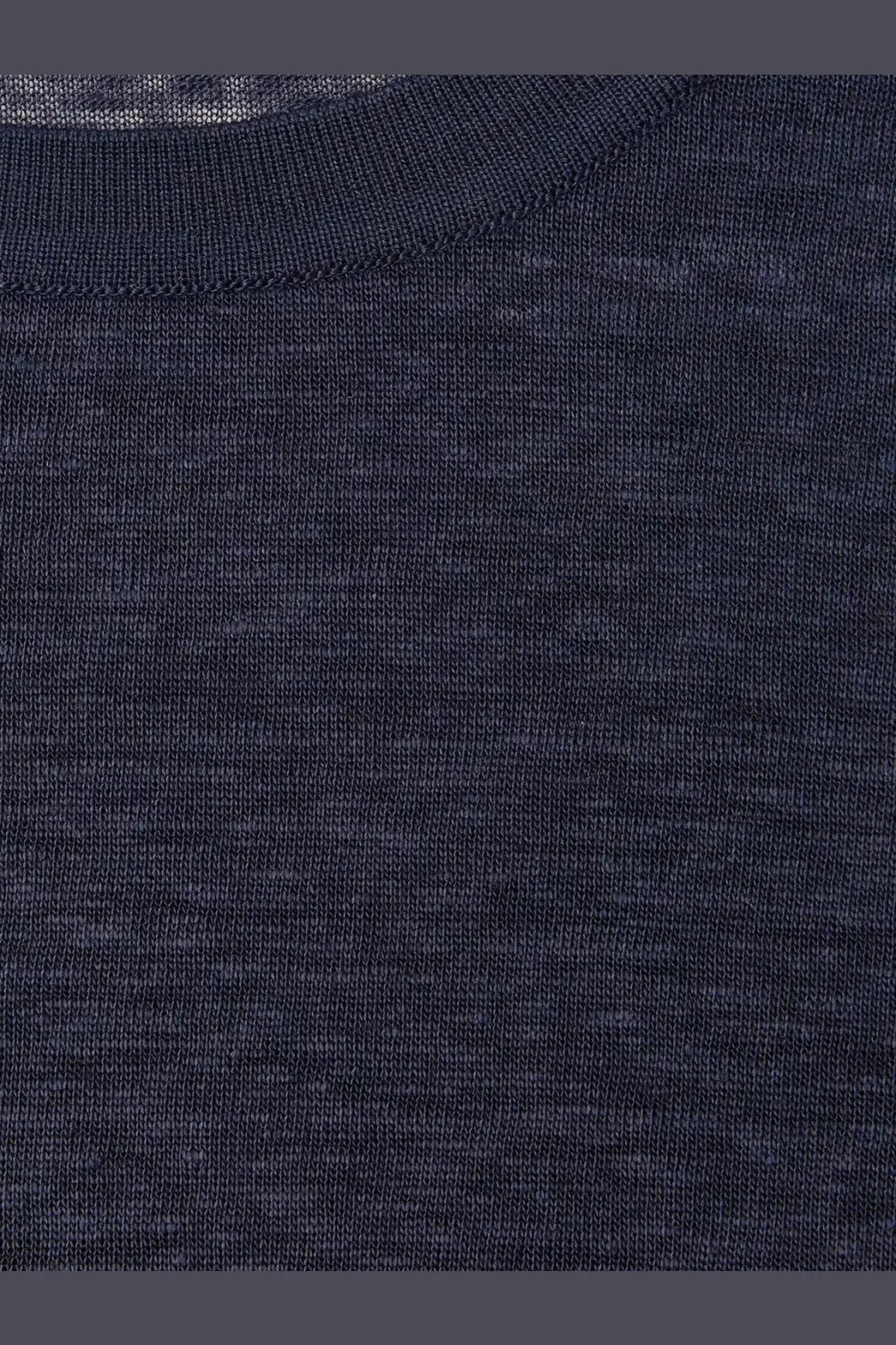 Dark blue heathered knit crewneck sweater for women featuring soft linen blend fabric and comfortable fit