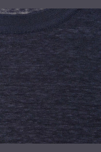 Dark blue heathered knit crewneck sweater for women featuring soft linen blend fabric and comfortable fit