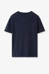 Loro Piana women’s Gargano linen shirt in blue with dark blue short sleeves and subtle textured fabric