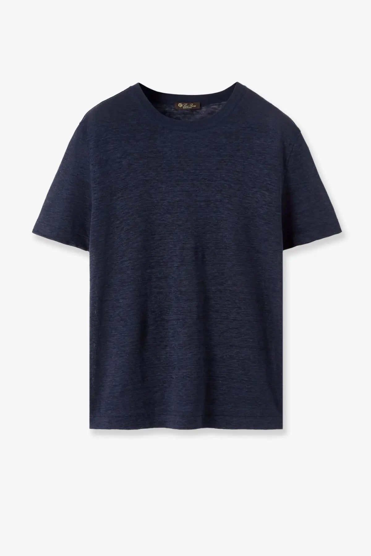 Navy blue Loro Piana women’s Gargano linen shirt with short sleeves and subtle textured weave front view