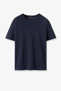 Navy blue Loro Piana women’s Gargano linen shirt with short sleeves and subtle textured weave front view