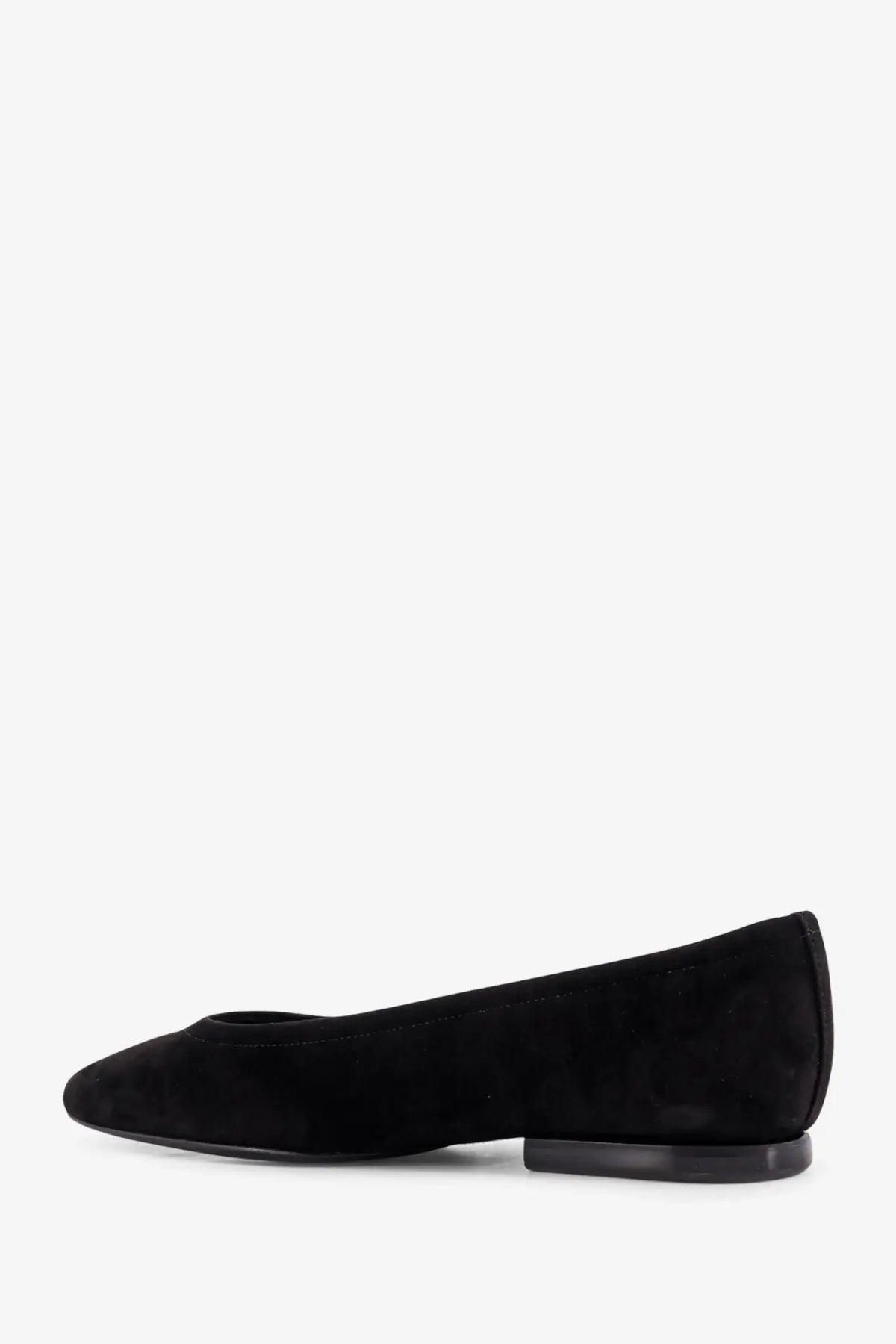 Loro Piana women’s Primula black suede ballet flat with low heel and rounded toe shown from the back side