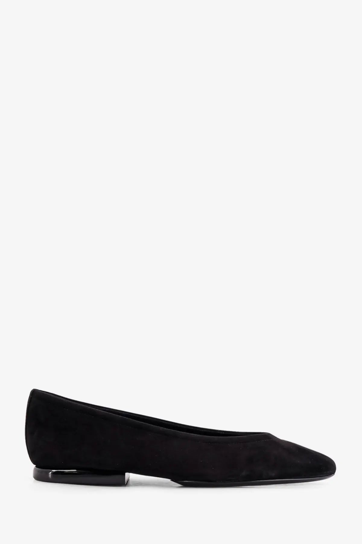 Loro piana womens primula black suede ballet flat with minimalist design and glossy black heel visible from the back