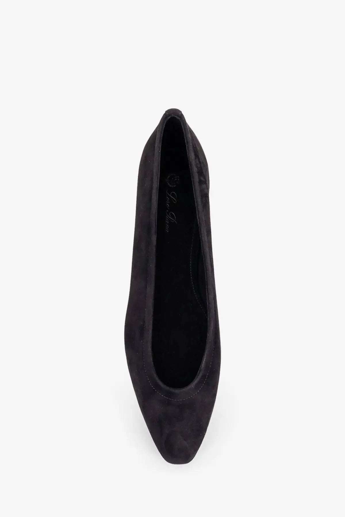 Loro Piana women’s Primula black suede pointed toe flat ballerina shoe shown from the back side