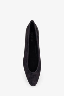 Loro Piana women’s Primula black suede pointed toe flat ballerina shoe shown from the back side