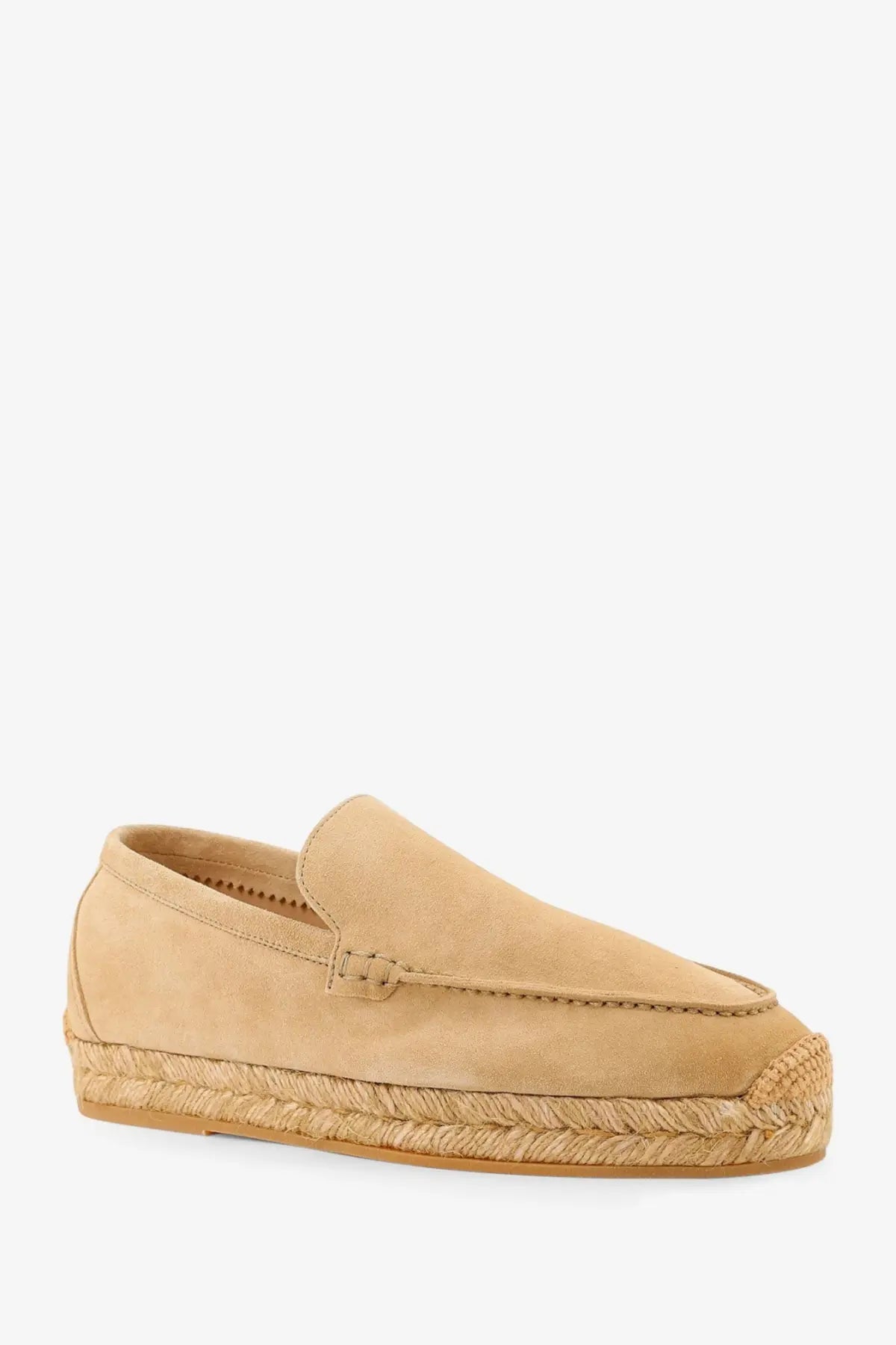 Beige suede espadrille loafer with braided jute sole from loro piana womens seaside walk collection