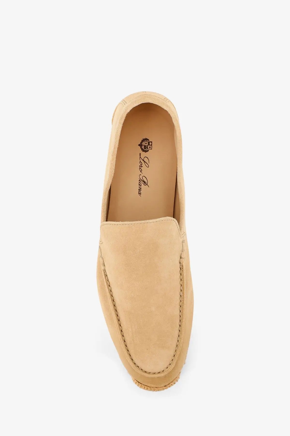 Loro Piana women’s beige suede slip-on loafers with contrasting stitching and minimalist design