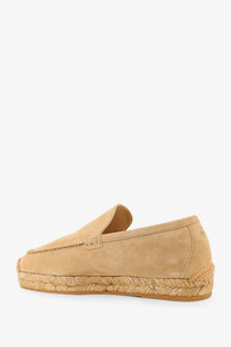 Loro Piana women’s seaside walk beige suede espadrille loafer with tan braided jute sole front view