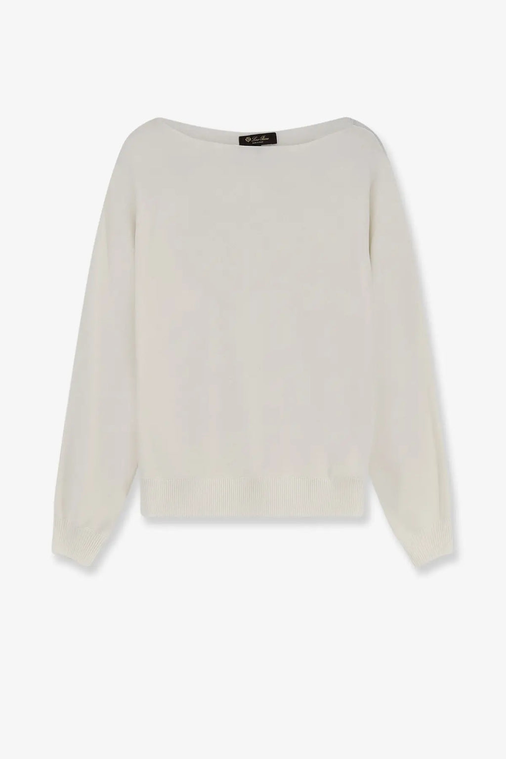 Off-white long-sleeved Loro Piana women’s siena silk and cotton sweater with boat neckline and ribbed cuffs