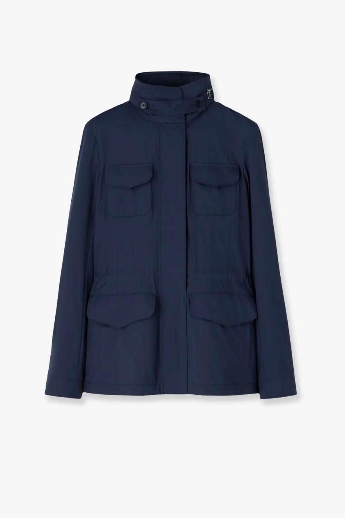 Navy blue Loro Piana women’s Traveller Windmate utility jacket with high collar and four flap pockets
