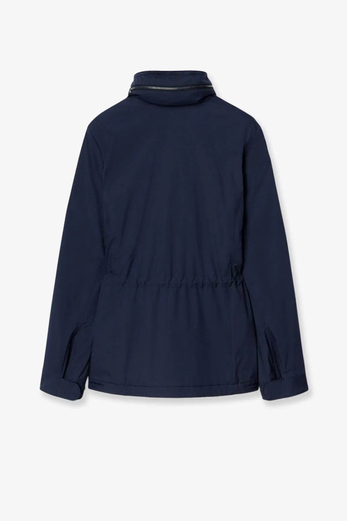 Loro Piana women’s traveller windmate jacket in navy blue water-resistant fabric with high collar and drawstring waistband