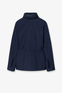 Loro Piana women’s traveller windmate jacket in navy blue water-resistant fabric with high collar and drawstring waistband