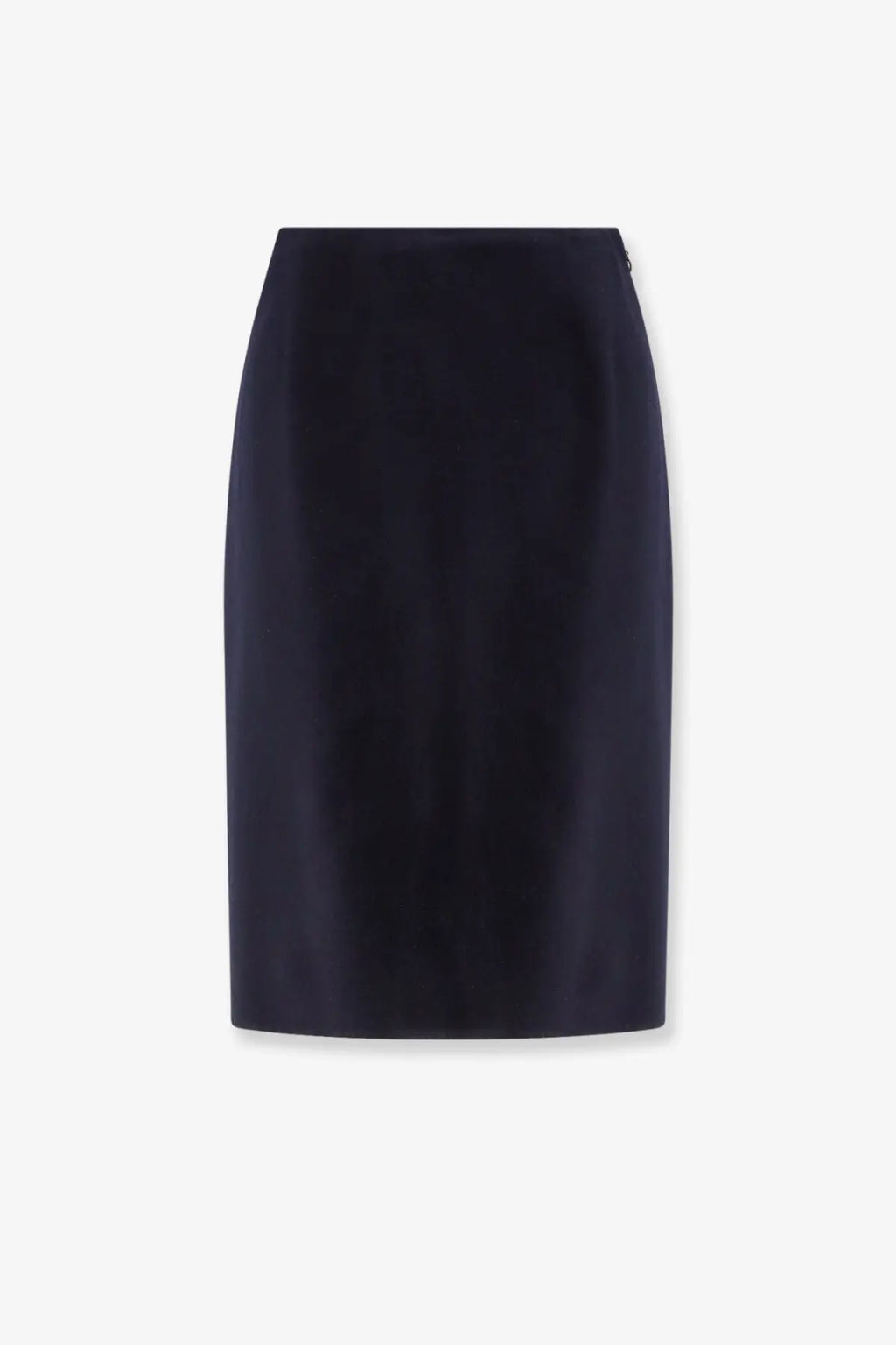 A sleek navy blue Loro Piana women’s Vivian cashmere pencil skirt with a smooth tailored silhouette and subtle sheen