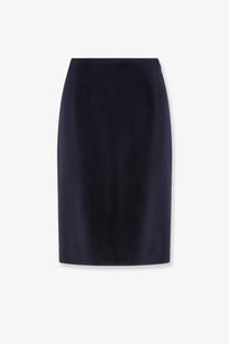 A sleek navy blue Loro Piana women’s Vivian cashmere pencil skirt with a smooth tailored silhouette and subtle sheen