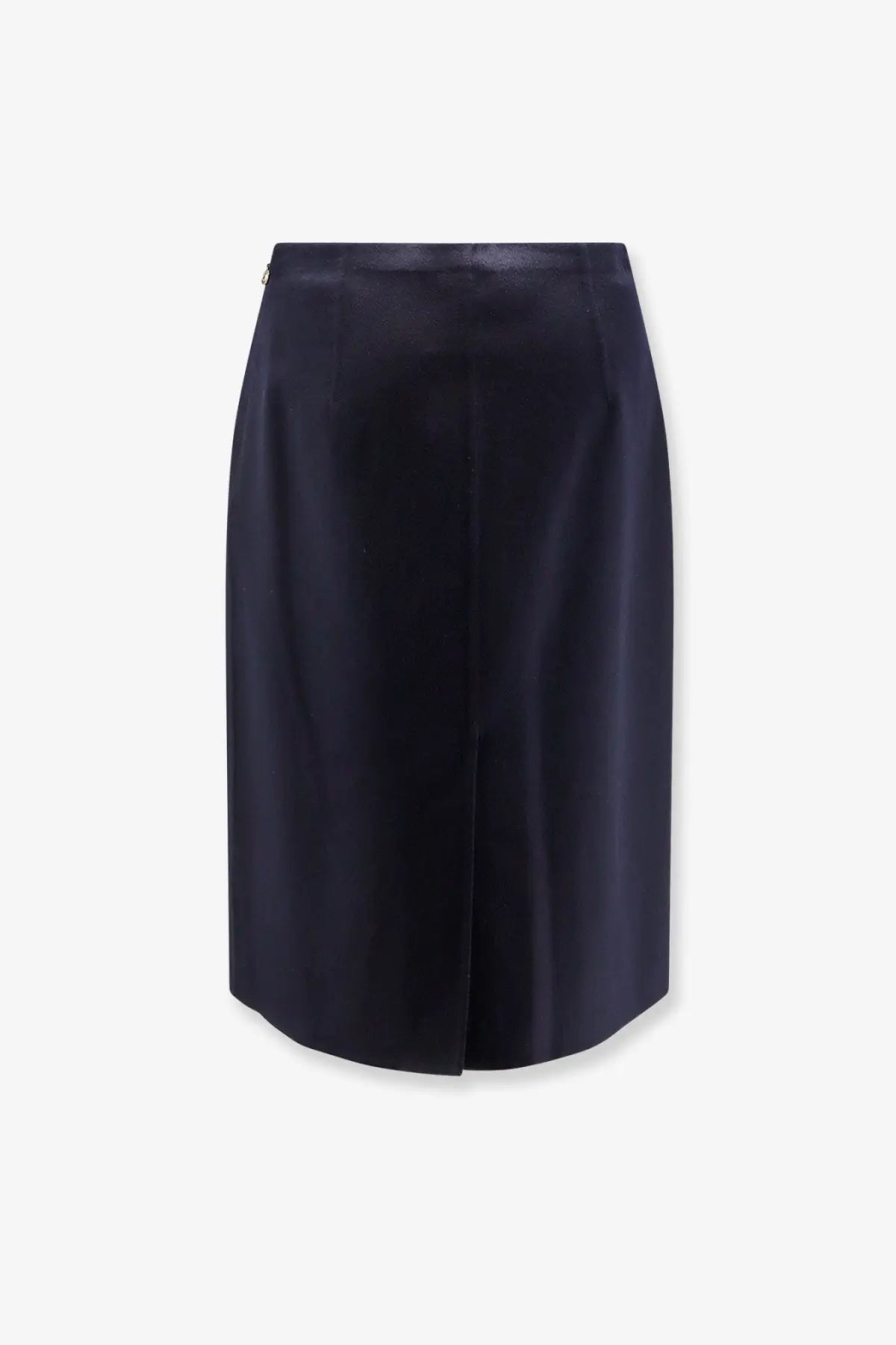 Loro Piana women’s Vivian cashmere skirt in navy blue satin with subtle sheen and a central front slit