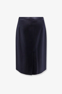 Loro Piana women’s Vivian cashmere skirt in navy blue satin with subtle sheen and a central front slit