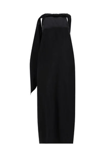 Loulou De Saison women’s abito midi Susan black satin halter dress with draped asymmetrical neckline