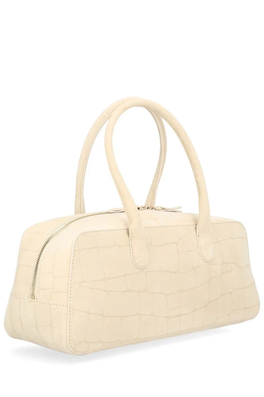 Loulou De Saison womens borsa mawi mini beige cream crocodile embossed leather handbag with rounded handles and zipper closure