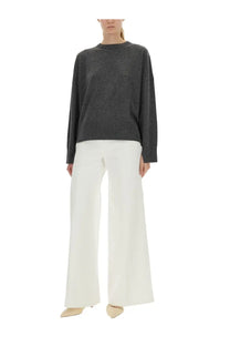 Loulou De Saison women’s dark gray ribbed-knit cashmere sweater with long sleeves and round neckline