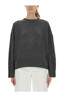 Loulou de Saison women’s grey cashmere sweater with dark grey softly textured knit and ribbed cuffs in relaxed fit
