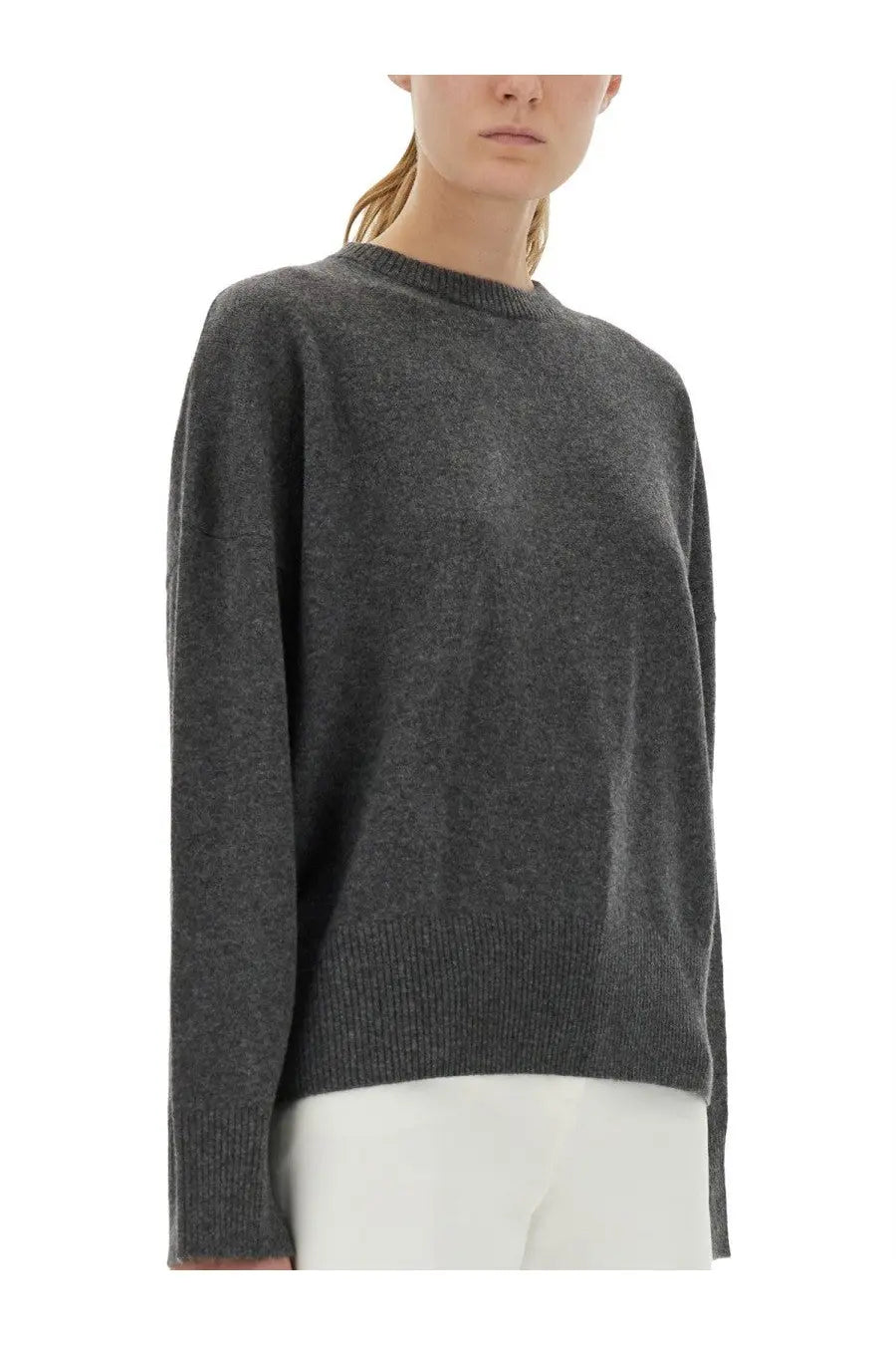 Loulou de saison women’s cashmere sweater grey with a soft heathered texture relaxed fit and ribbed cuffs
