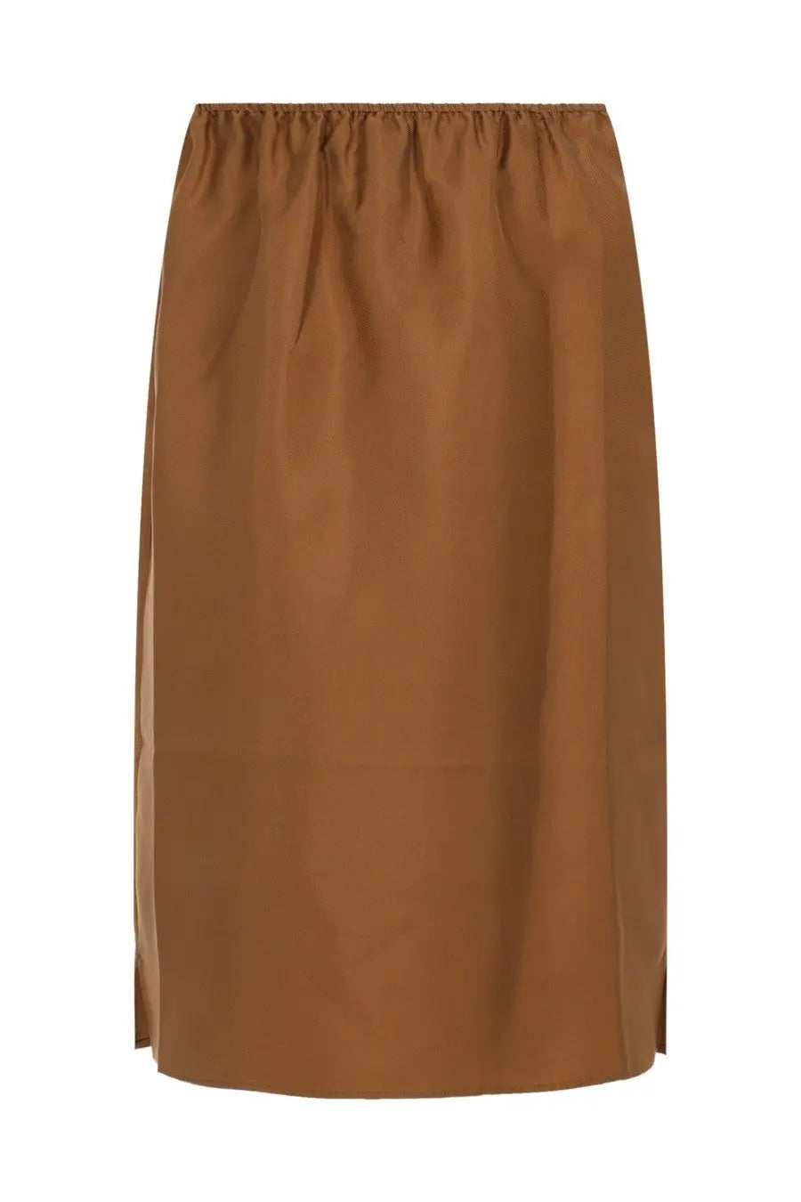 A sleek rust-colored satin midi skirt with gathered waistband and subtle side slits from Loulou De Saison