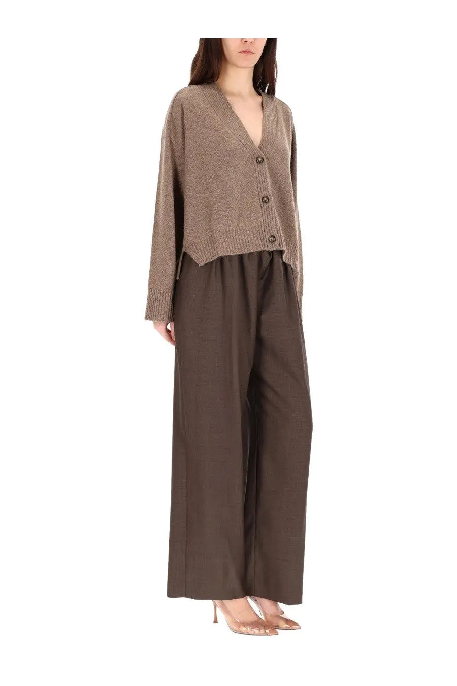 Loulou De Saison women’s beige taupe knitted cardigan with v-neck and button closure in soft knit material