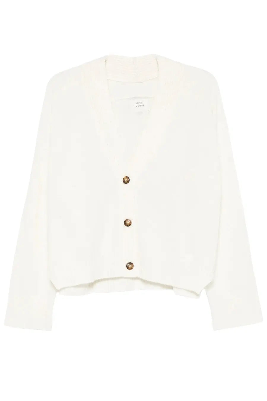 Loulou De Saison women’s Kaia lds cardigan white soft ivory knit v-neck with three gold-tone buttons and long sleeves