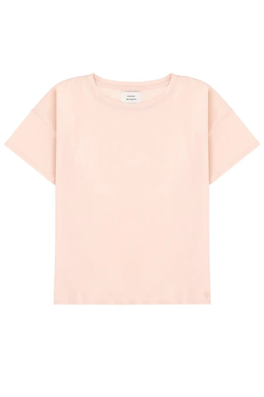 Loulou De Saison women’s blush pink minimalist short-sleeved shirt with crew neck and subtle collar label
