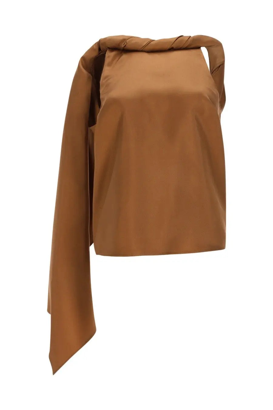 Loulou De Saison women’s top Wilma brown caramel satin draped asymmetrical design with twisted shoulder detail