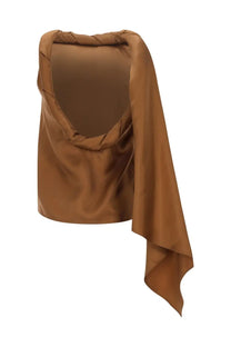 Loulou De Saison women’s top Wilma brown is a caramel satin top with a draped asymmetrical design and twisted neckline