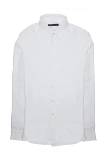 A crisp white long-sleeved low brand men’s camicia in jersey di cotone cotton shirt with a classic collar and subtle texture