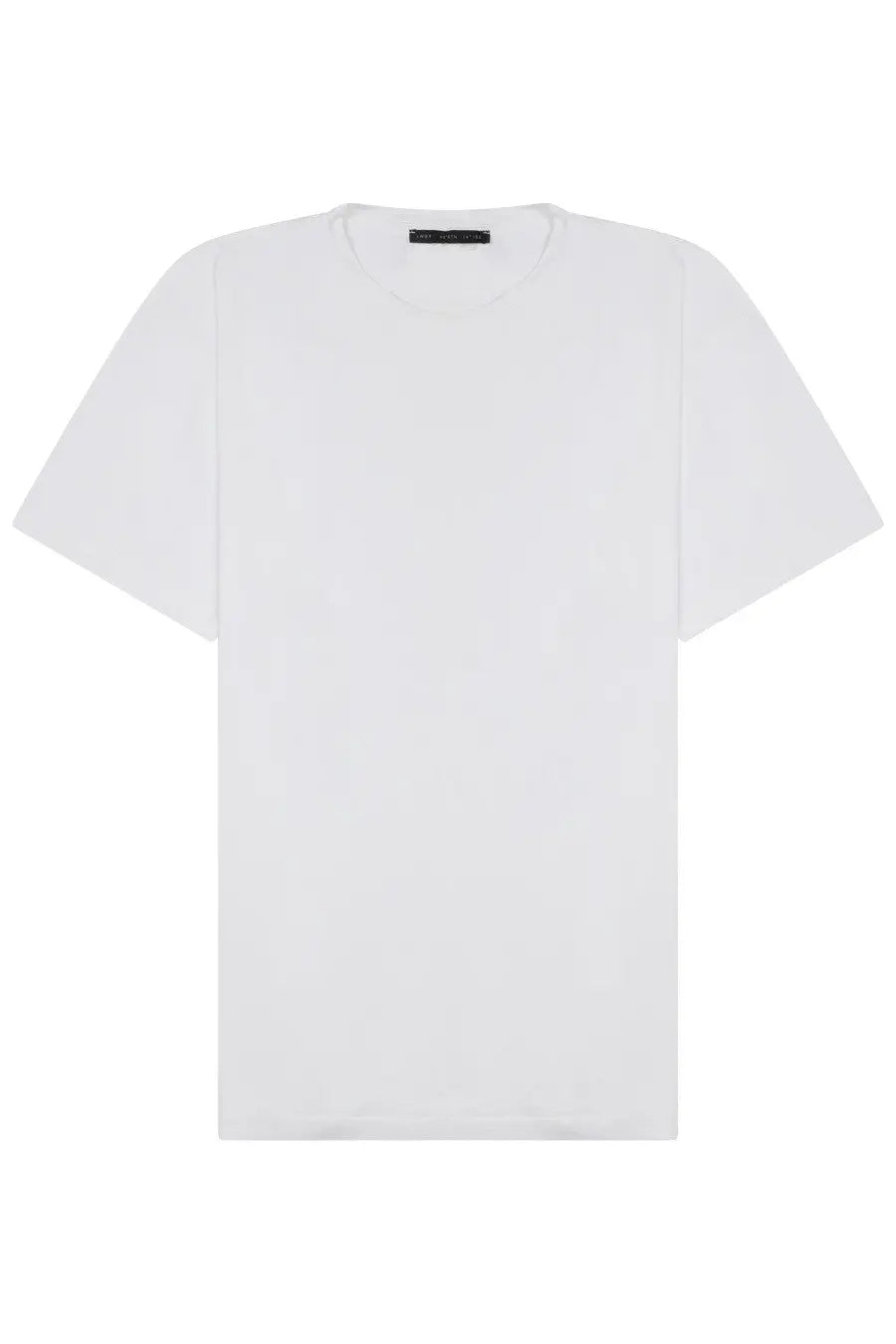 White cotton crew-neck low brand men’s shirt featuring minimalist design and subtle brand tag at the neckline