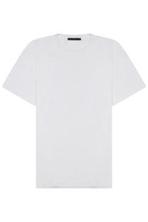 White cotton crew-neck low brand men’s shirt featuring minimalist design and subtle brand tag at the neckline